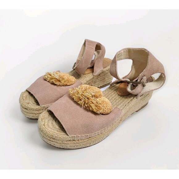 Soludos Anthropolog Womens 8 Panarea Wedge Platform Espadrilles Pompoms Sandals - Picture 1 of 11